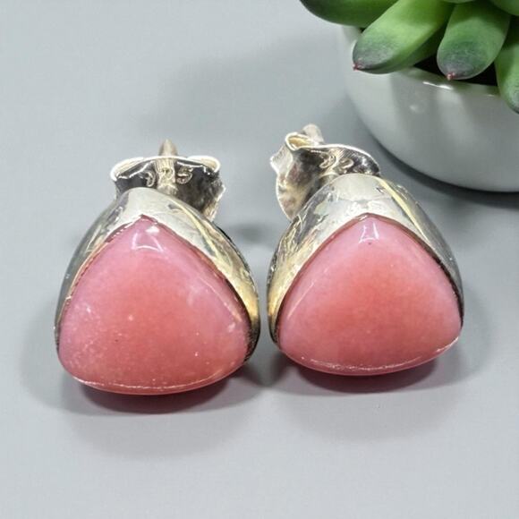 Natural Peruvian Pink Opal Stud Earrings 925 Sterling Silver Handmade Artisan - Picture 1 of 5